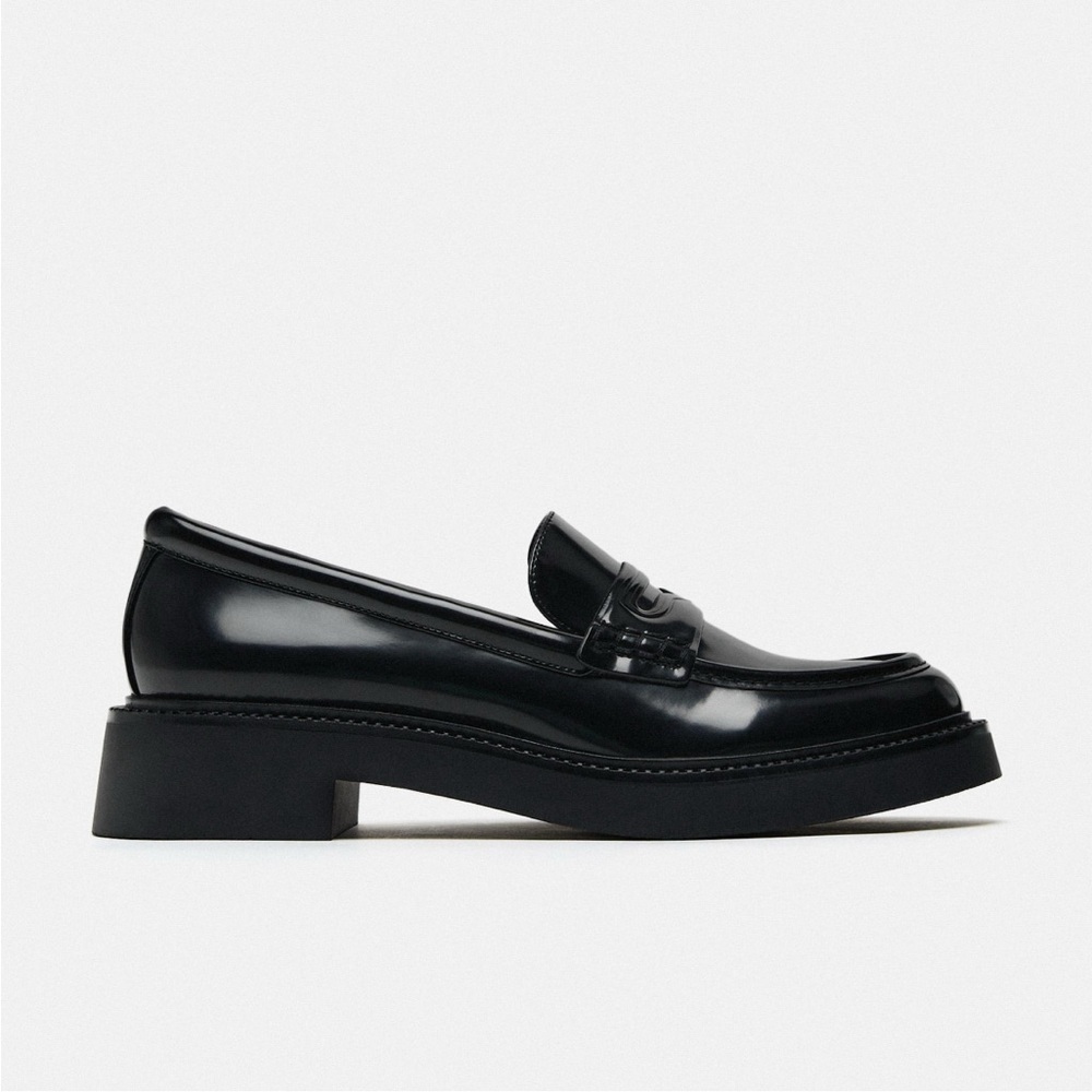 Zara black patent faux leather penny loafers